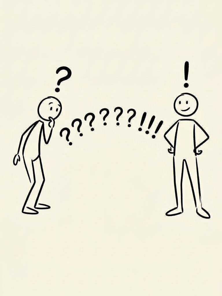 Illustration zu den FAQ. Zwei Strichmännchen, einer mit Fragenzeichen, einer mit Ausrufezeichen
